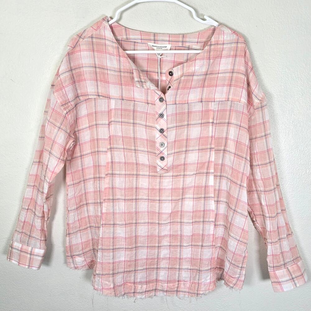 Beach Lunch Lounge Mia Pucker Plaid Top Women's M Pink Grapefruit Summer Coastal